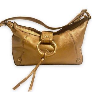 Jones NY Leather Gold Metallic Y2k Slouchy Boho Top Zip Purse Shoulder Mirror